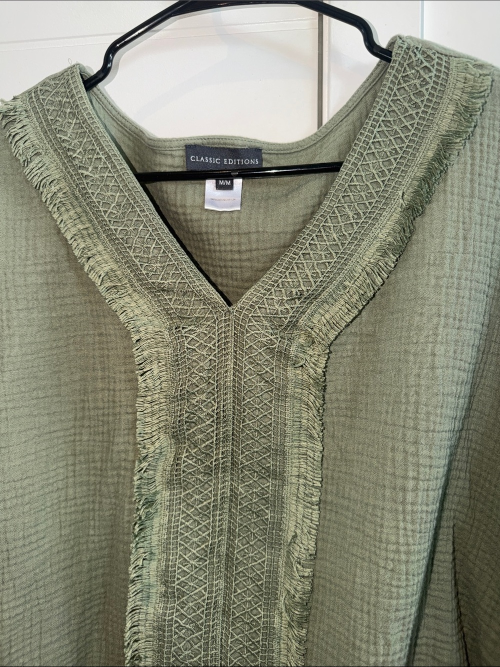 Classic Editions Olive Green Set Textured V-Neck Top with Fringe Trim Detail